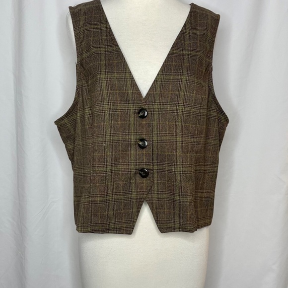 Vintage Jackets & Blazers - Y2K Brown and Green Plaid Button Vest - (XL)